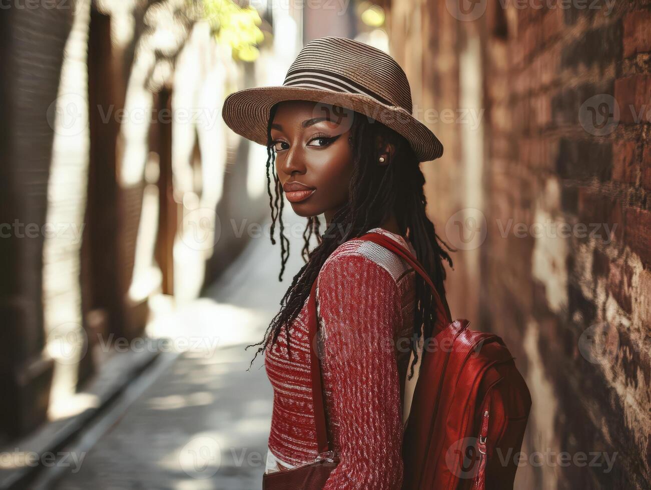 Stylish woman with a hat and backpack walking through a narrow alleyway photo