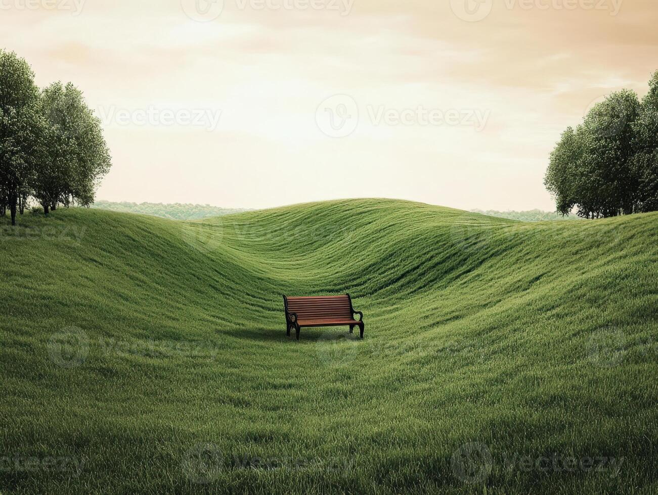 Serene landscape with a wooden bench surrounded by lush green hills photo