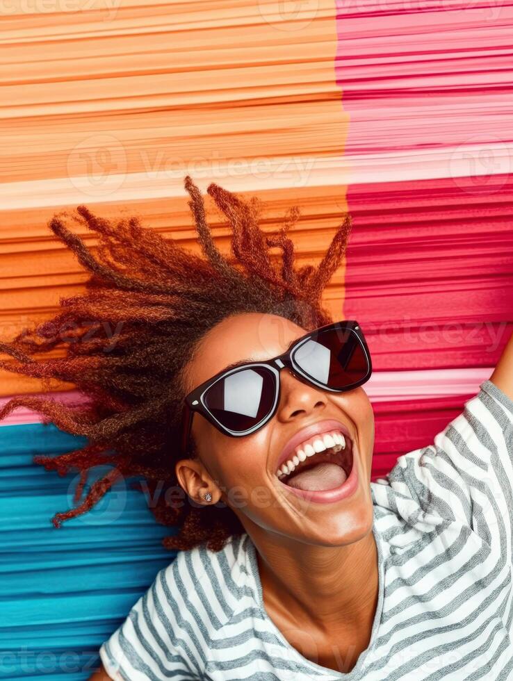 Joyful woman with sunglasses smiling against a colorful background photo