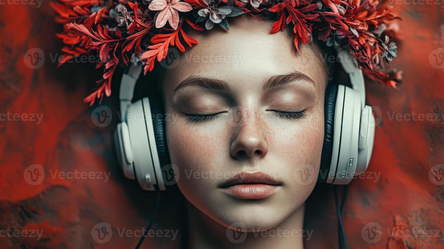 Woman with headphones and floral crown, immersed in music and tranquility photo