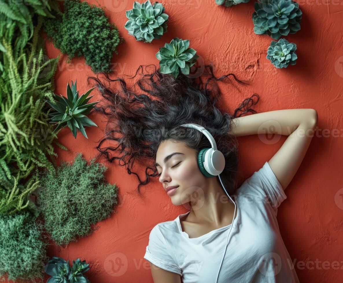 Woman relaxing with headphones surrounded by lush green plants photo