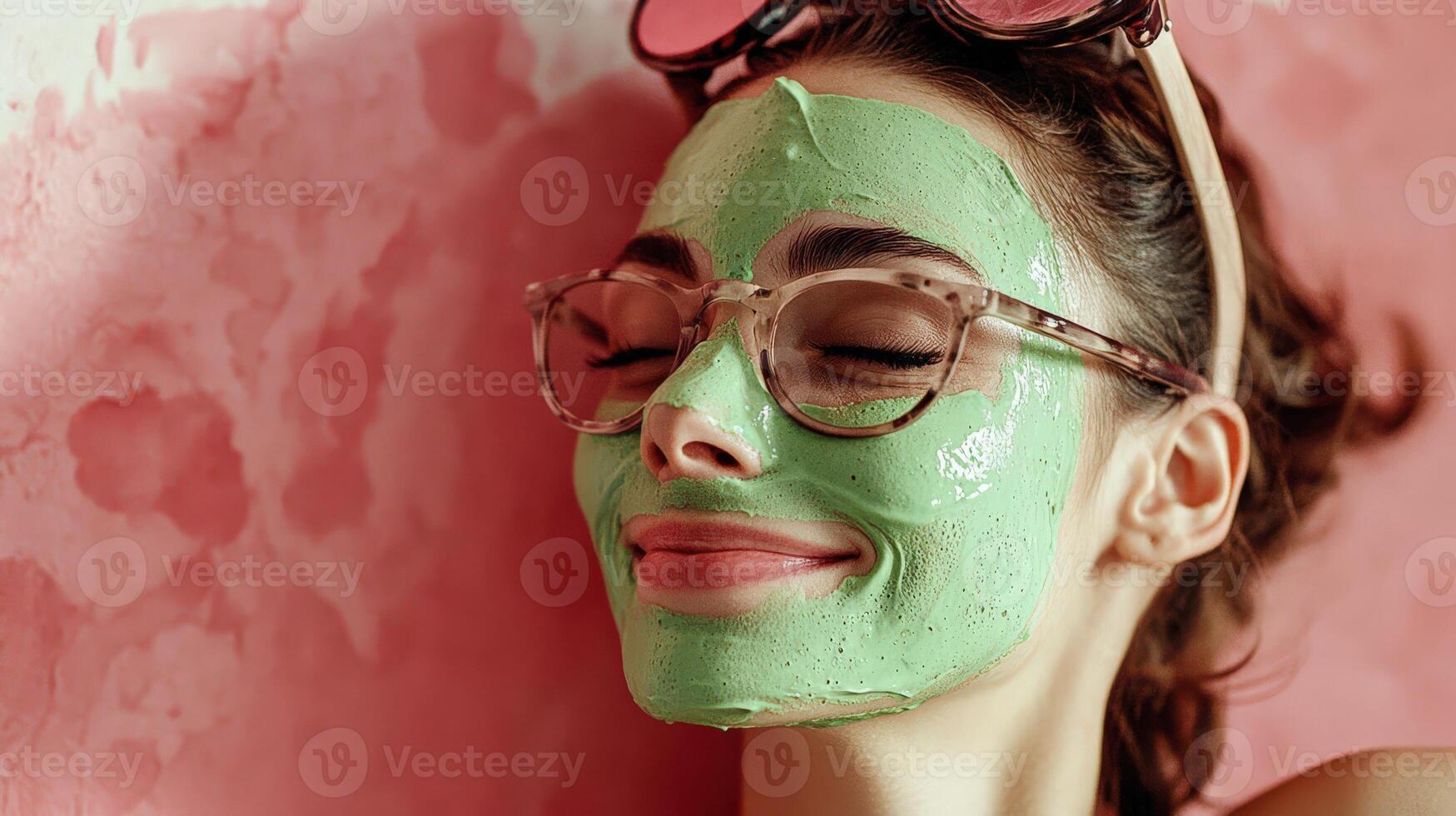 Woman enjoying a green facial mask, promoting relaxation and skincare photo