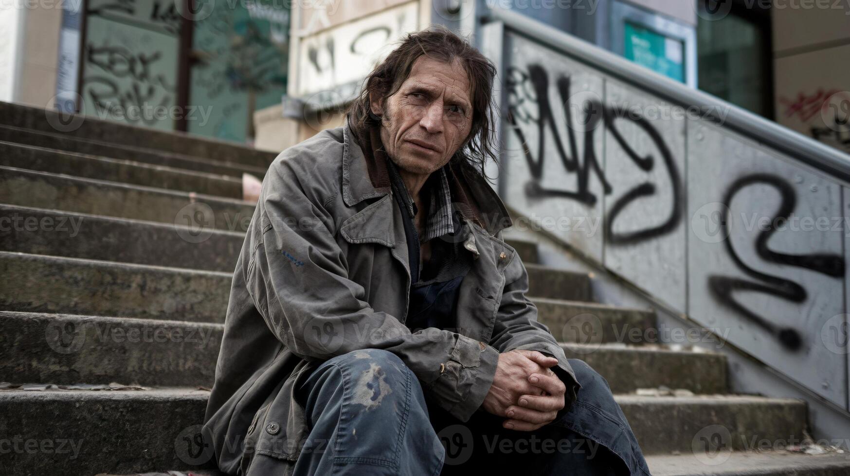 Homeless man sitting on the steps of a building photo
