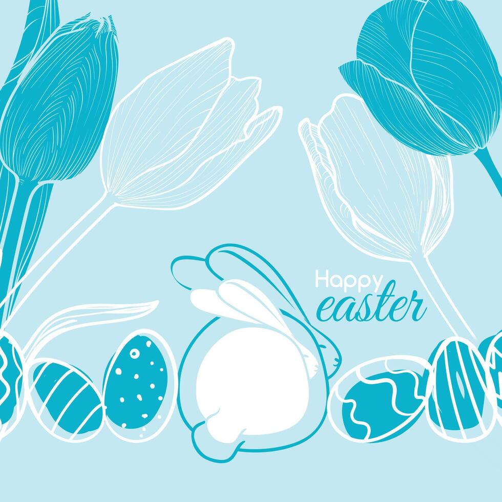 Light blue design for Happy Easter with white fill shape within an outline rabbit and eggs. Line art flowers with fill flowers on the background and a Happy Easter font mix. vector