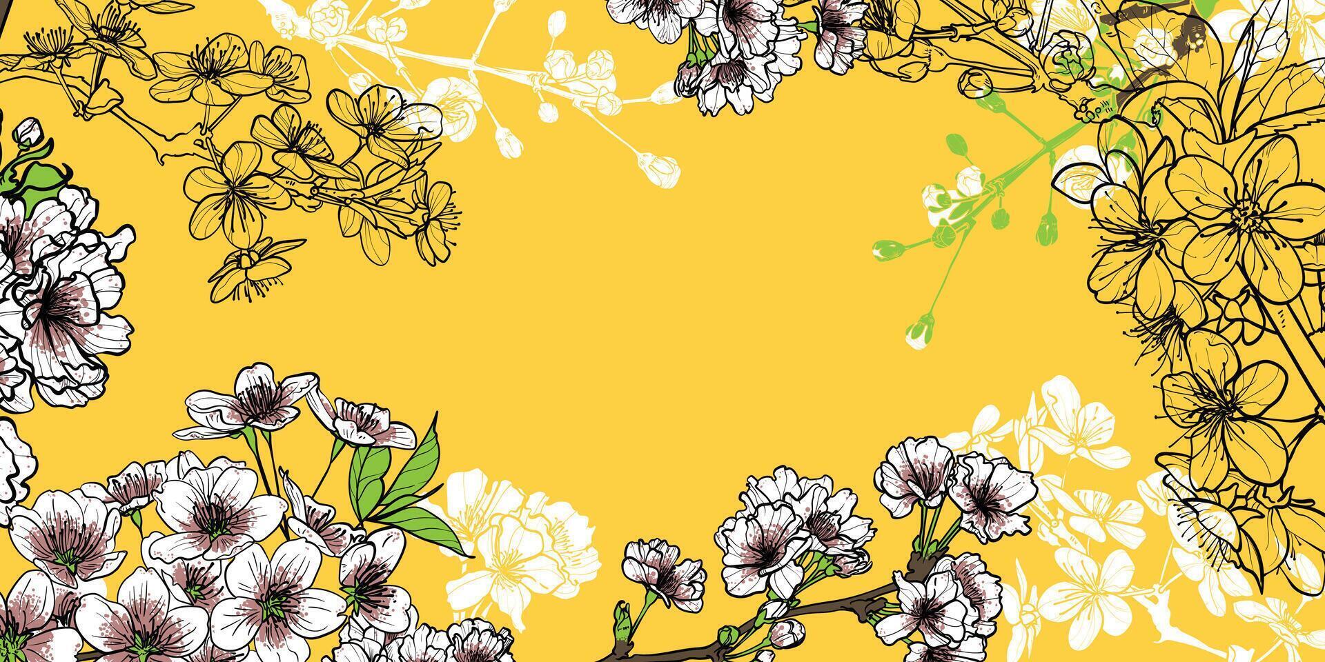 Cherry blossoms banner template with space for text in the middle. Hand drawn line art and fills of spring flowers. File can be used for both online and print projects. Flowers background design. vector