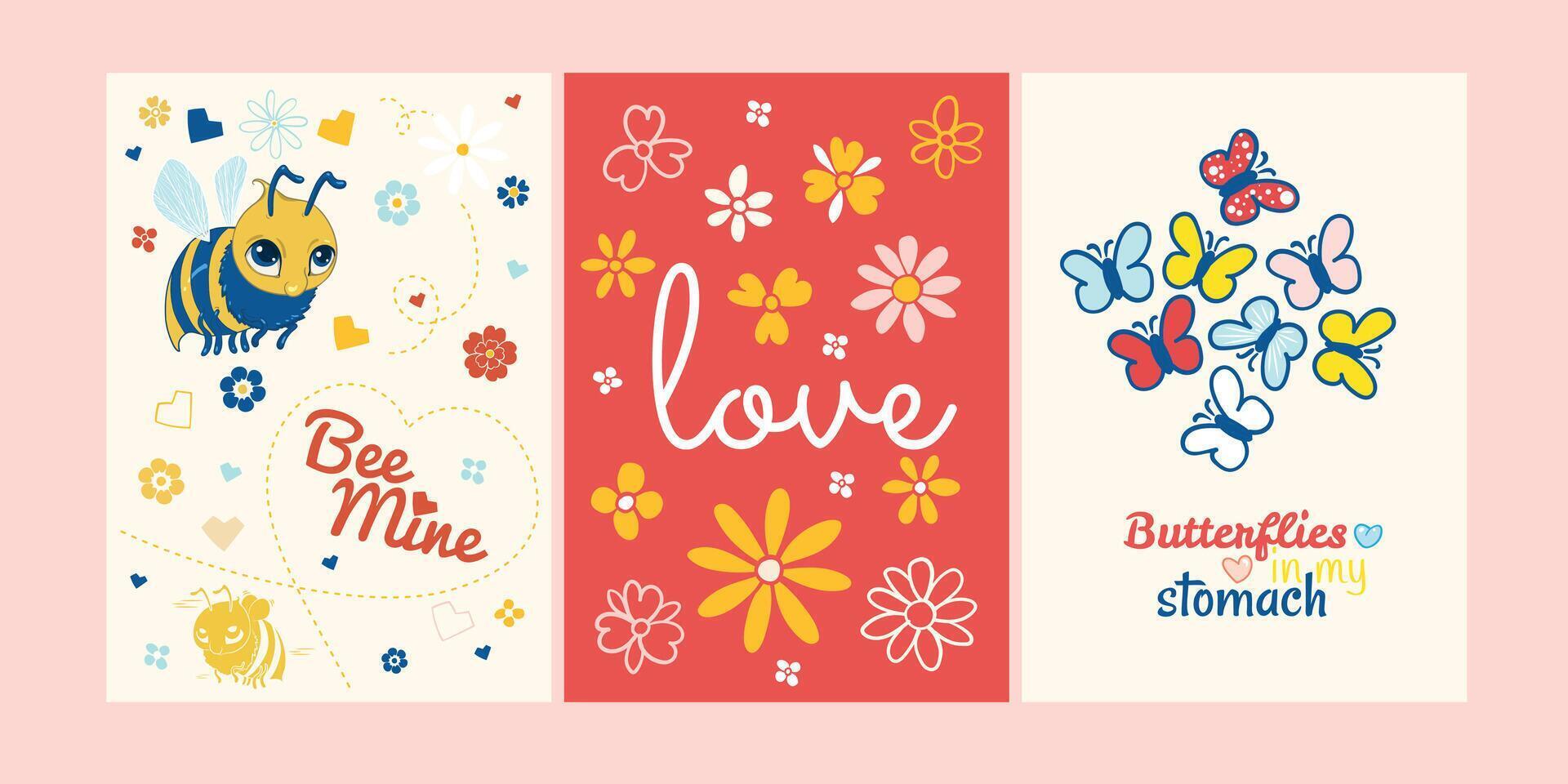 Bee Valentines design in A4 format with flowers, bees, butterflies. Easy to edit format for cards, invitations, visuals. Hand drawn assets. vector