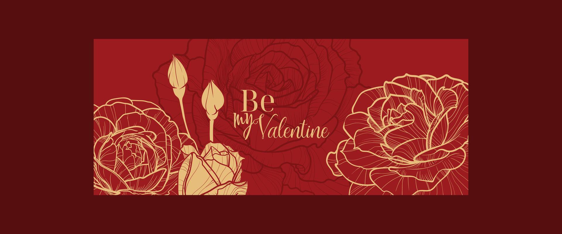 Passion red design for Valentines with hand drawn line art roses in bloom and buds. Elegant illustration for a romantic celebration. hand drawn outline and fill are separate. vector
