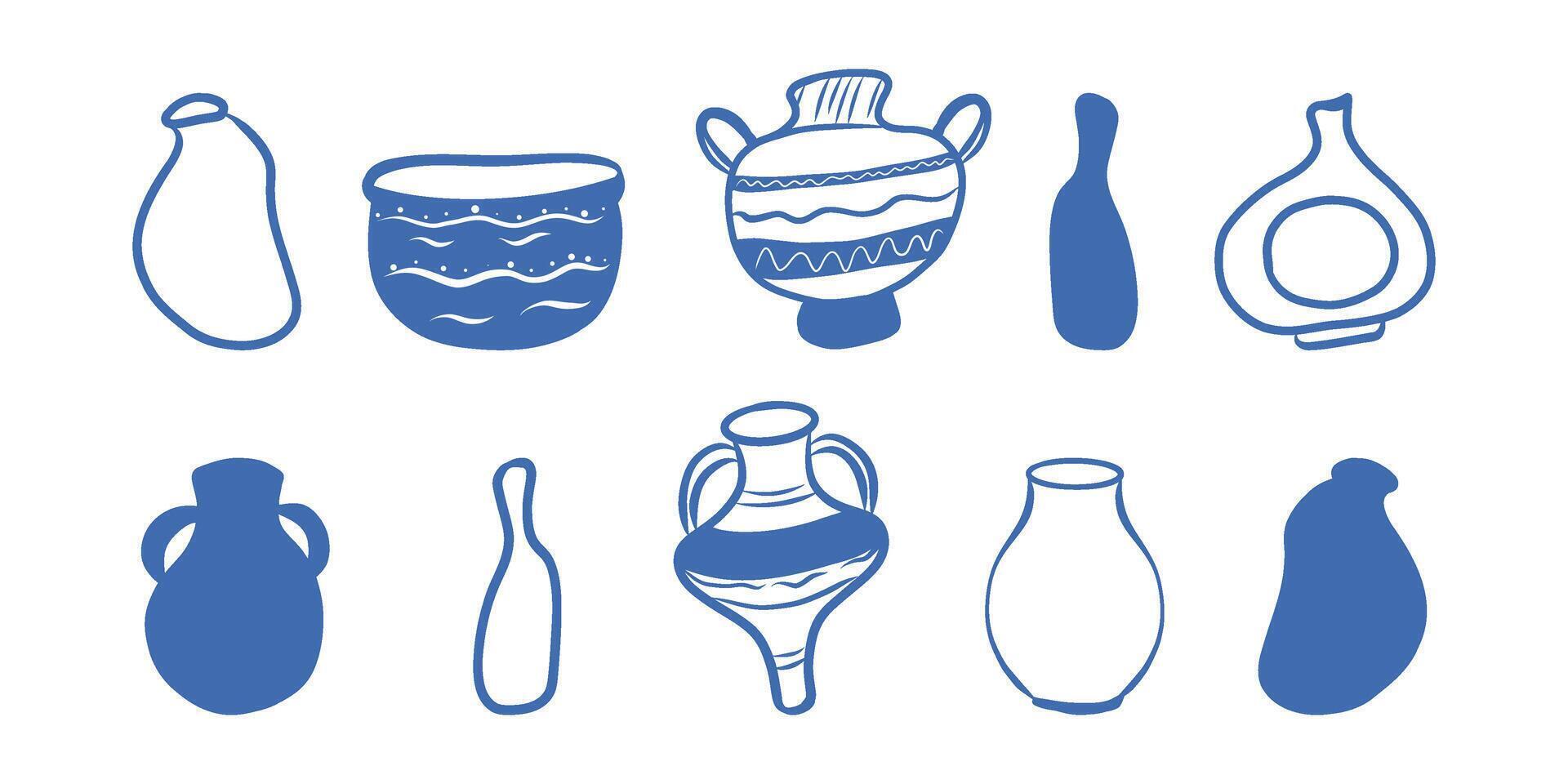 Mediterranean jars, jugs, vessels, pitchers set. Hand drawn blue mediterranean jars jugs vessels. vector