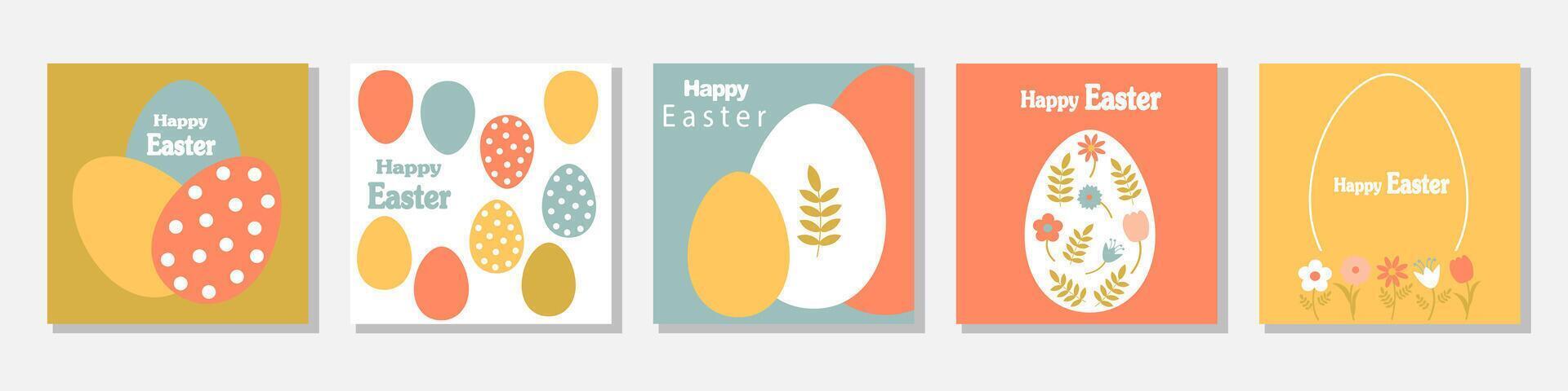 Set of Happy Easter cards in modern minimalistic style with geometric shapes, eggs. Abstract template for poster, branding, advertising. easter greeting cards set with colorful eggs and flowers vector