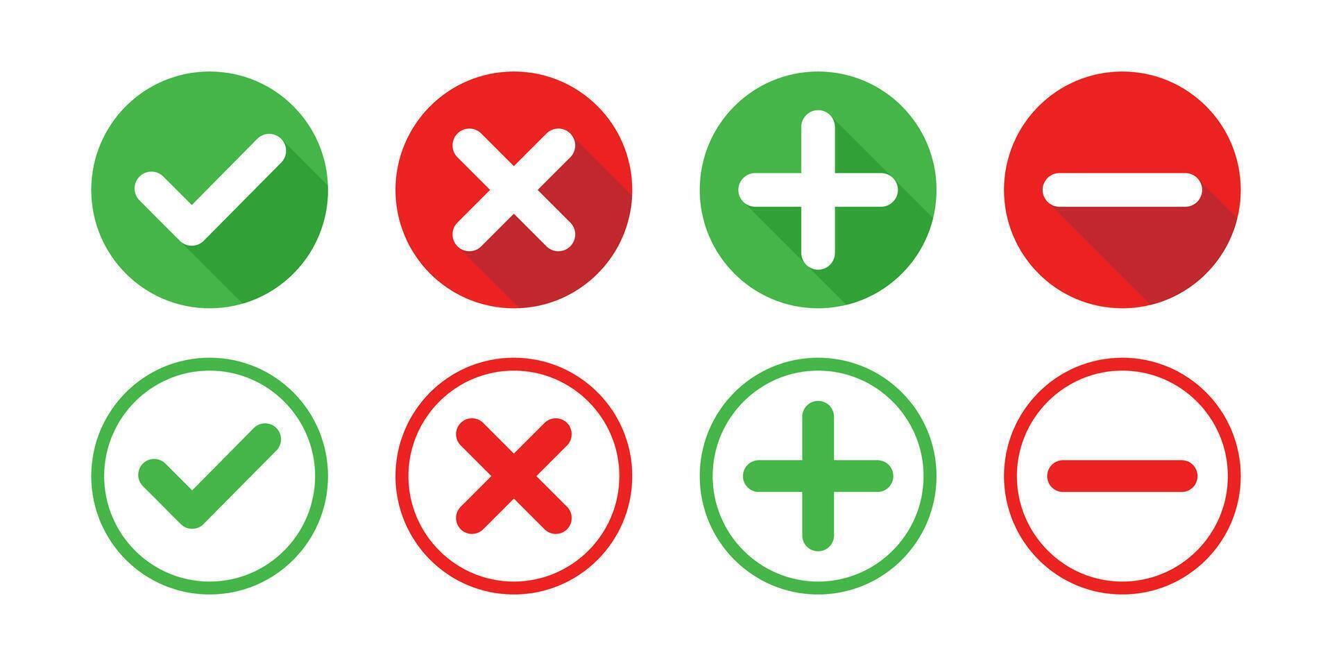 Set of check mark, X mark, plus sign and minus sign icons, buttons isolated on a white background vector