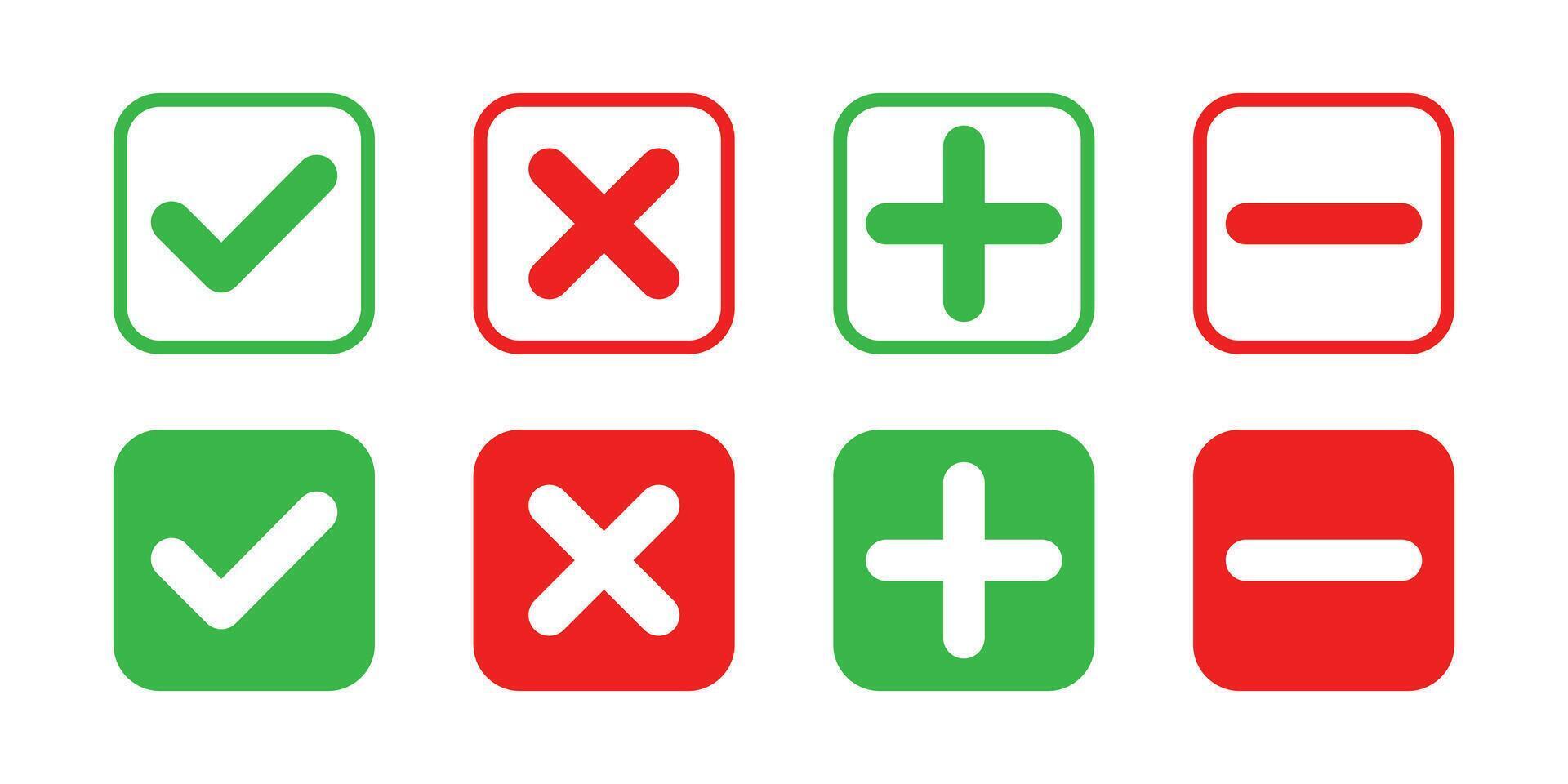 Set of square check mark, X mark, plus sign and minus sign icons, buttons isolated on a white background vector