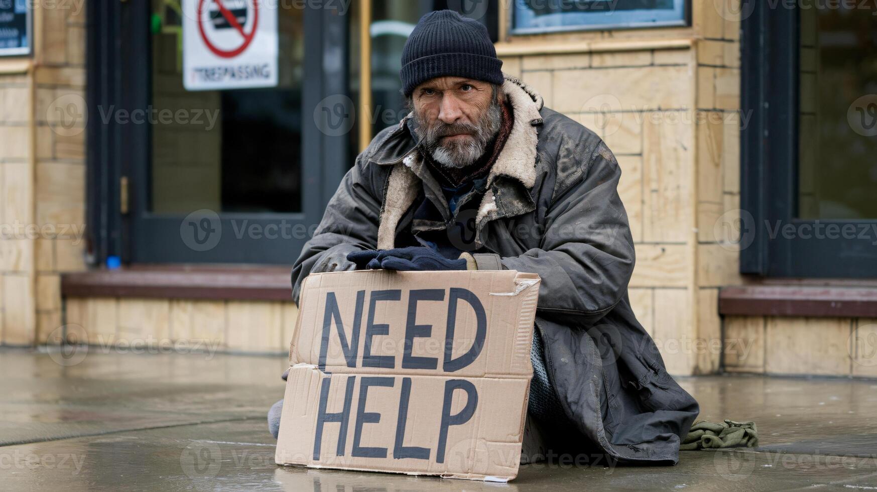 Homeless man sitting on the sidewalk holding a need help sign photo