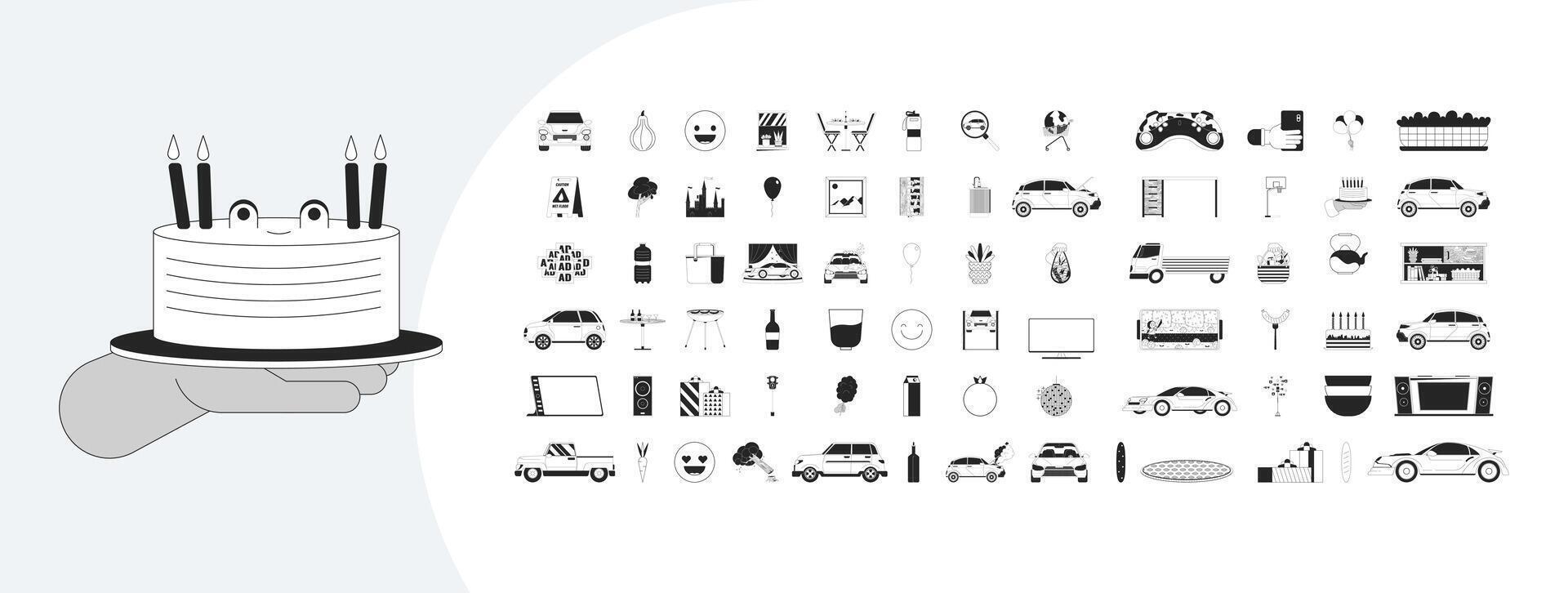 Lifestyle cartoon outline illustrations mega bundle. Various purposes and situations items 2D linear images isolated. Routine life performing objects collection black and white drawings vector