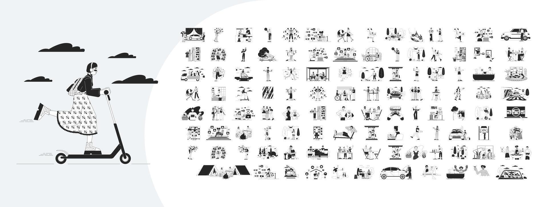 Lifestyle cartoon outline illustrations mega bundle. People and objects in various situations 2D linear images isolated. Adults spending time on hobby collection black and white drawings vector