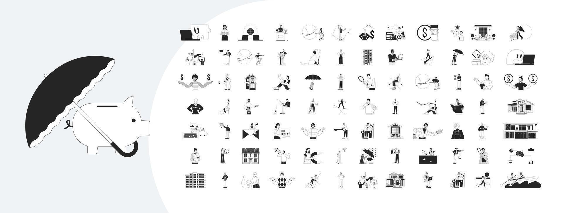 Business and finance cartoon outline illustrations mega bundle. Career in investment and real estate 2D linear images isolated. Money management strategy collection black and white drawings vector