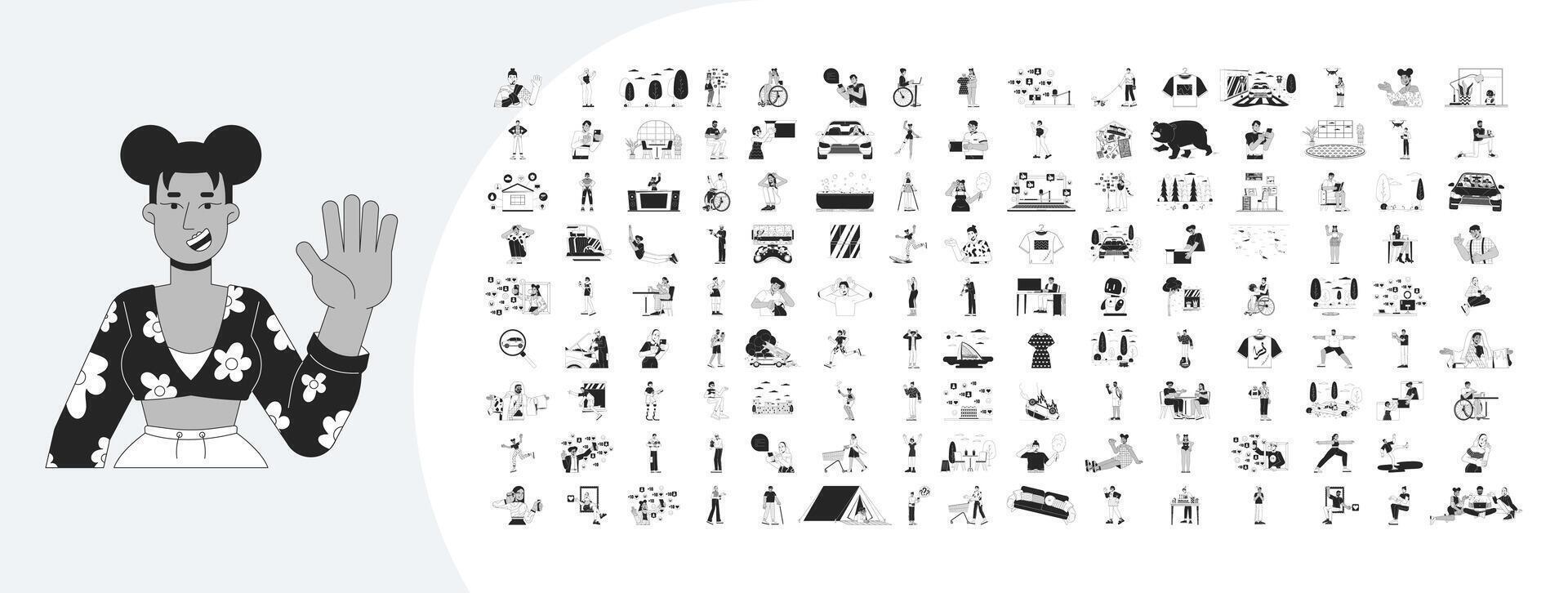 Lifestyle cartoon outline illustrations mega bundle. Different people and objects 2D linear images isolated. Situations with characters and items collection black and white drawings vector