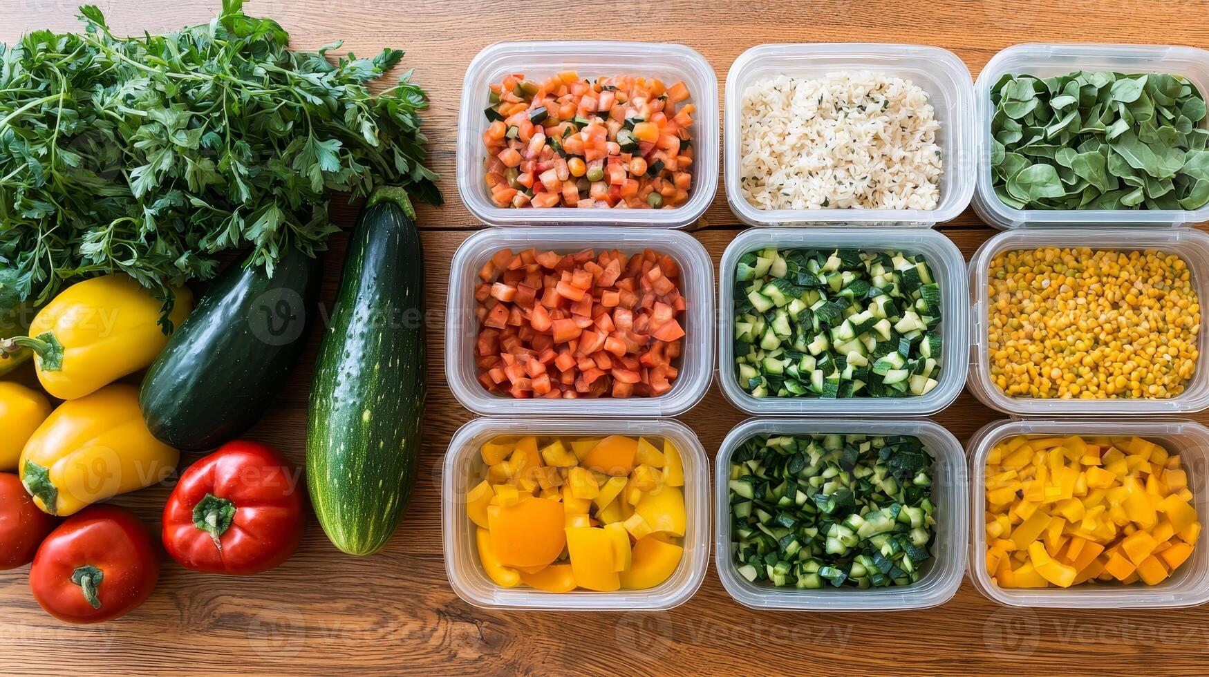 Future consumer sustainability concept. Fresh vegetables and chopped ingredients arranged in containers on a wooden surface. photo