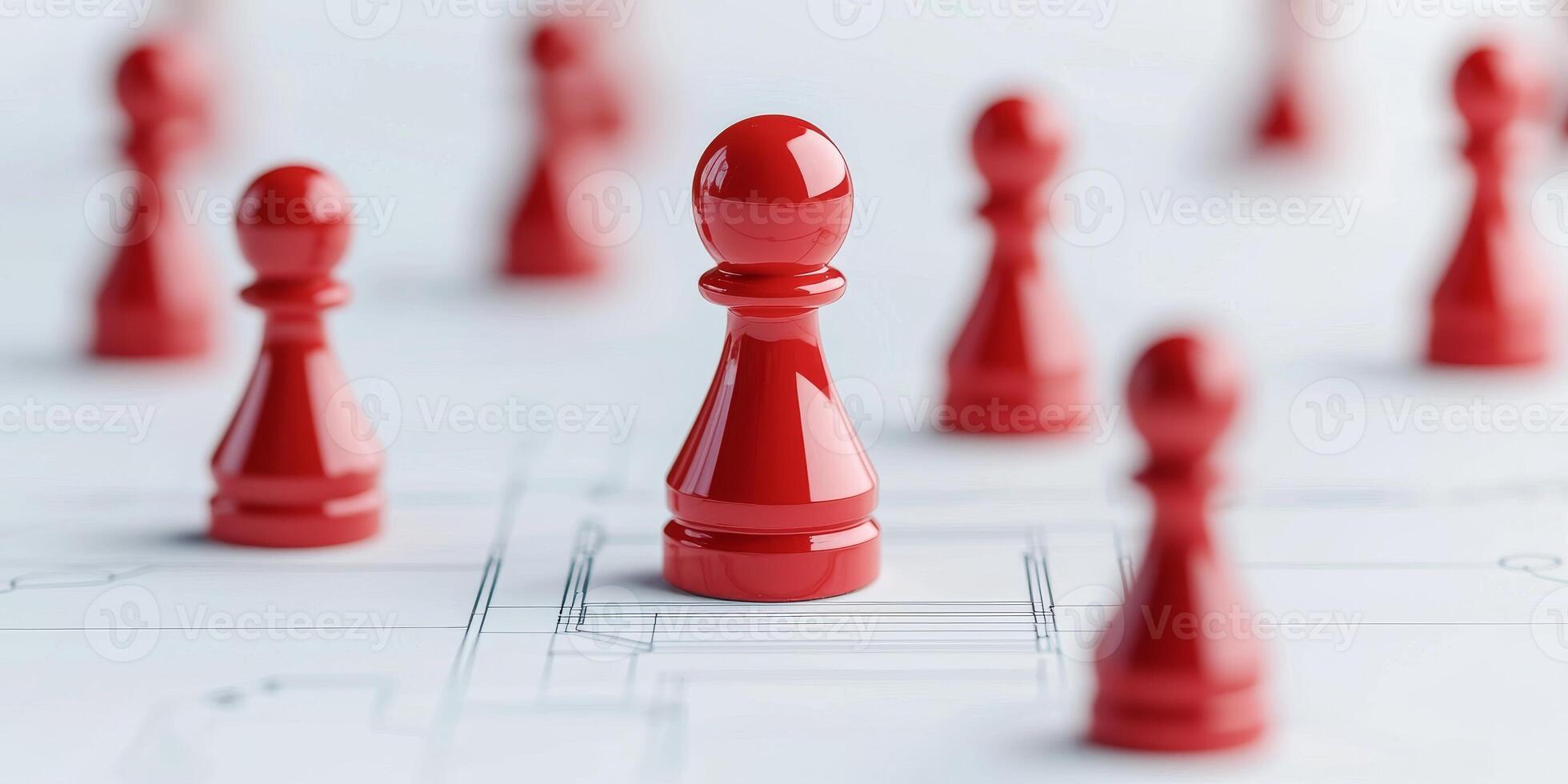 Strategy decision framework concept. Red chess pawns on a blueprint background creating a strategic theme. photo