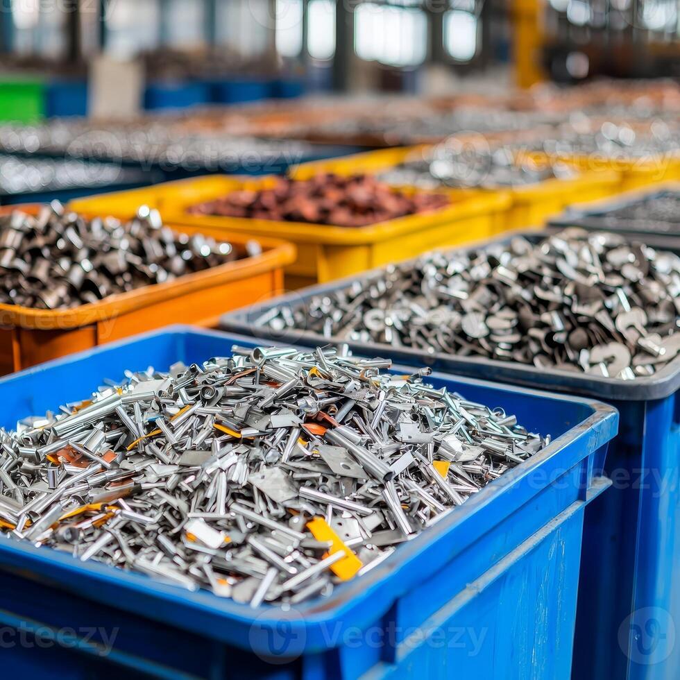 Recycle metal recovery concept. Bins filled with assorted metal hardware in a warehouse setting. photo