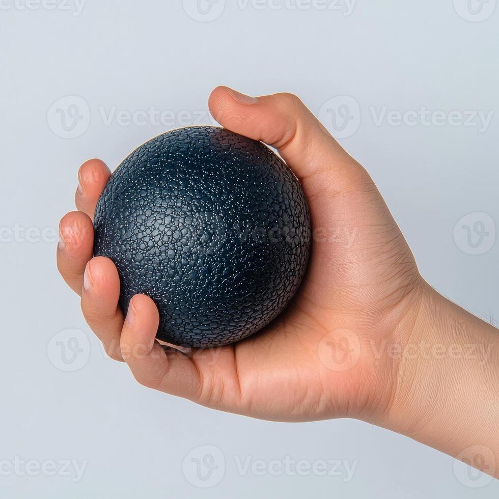 Burnout recovery stress concept. A hand holding a textured black ball against a light background. photo