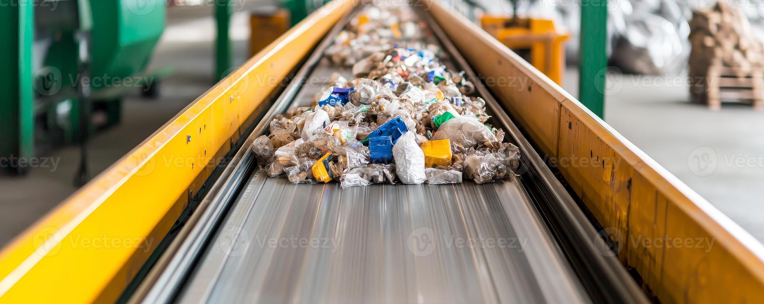 Recycle reduction sorting concept. Conveyor belt transporting sorted waste materials in a recycling facility. photo