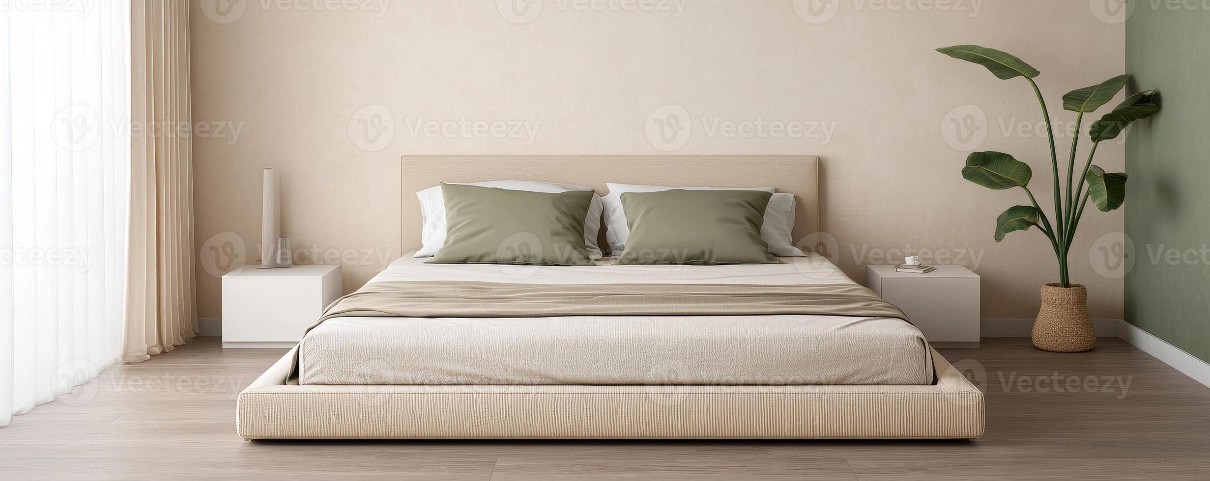 Future lifestyle minimal concept. Modern bedroom interior with a minimalist design and natural elements. photo