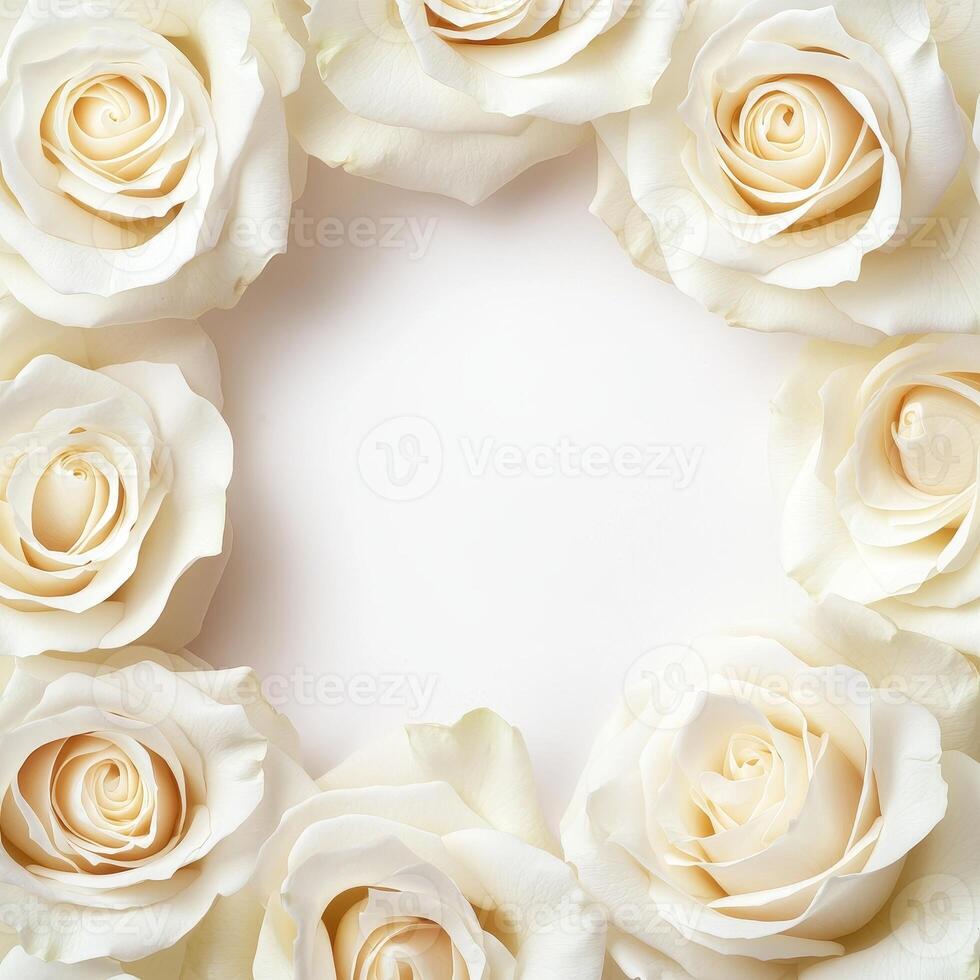Rose petal borders Valentine concept. White roses arranged in a circular frame on a plain background. photo