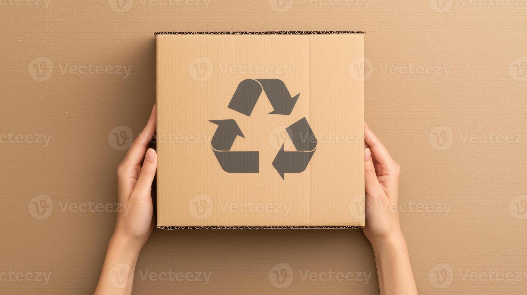 Recycle reduction sorting concept. Cardboard box with a recycling symbol held by hands. photo