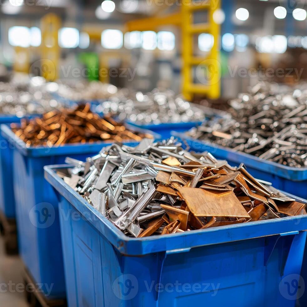 Recycle metal recovery concept. Piles of metal scraps in blue containers at a recycling facility. photo
