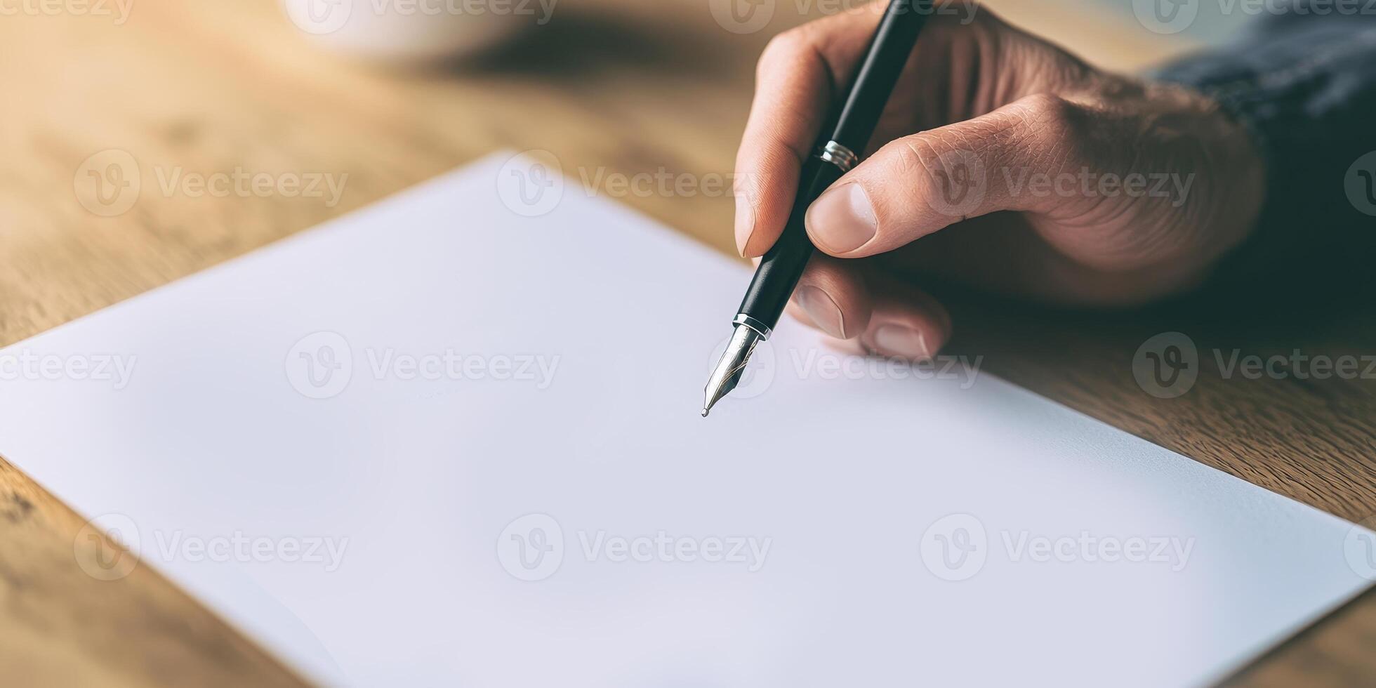Cost of living and mortgage concept. A hand holding a pen over a blank sheet of paper on a wooden table. photo