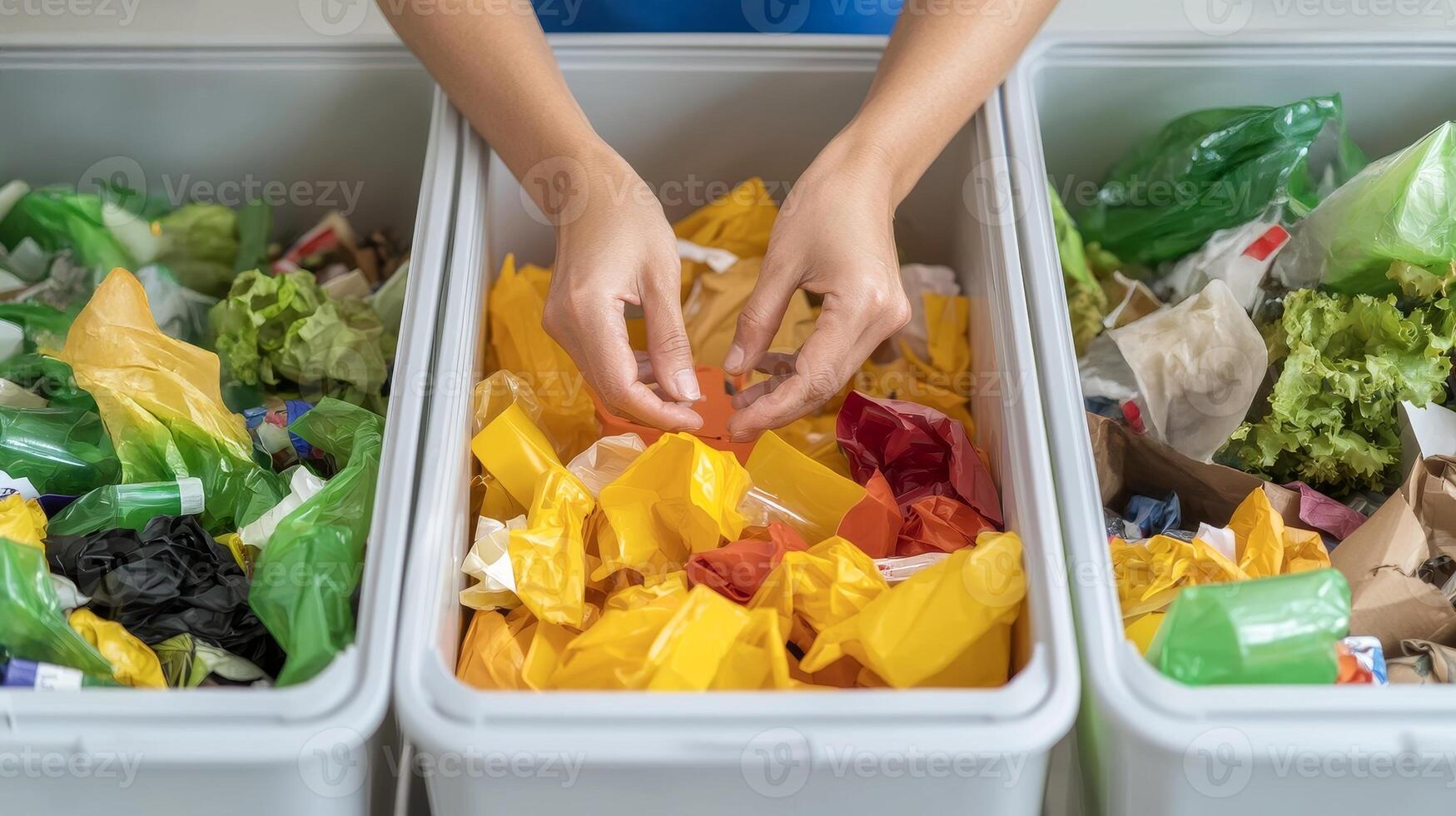 Recycle reduction sorting concept. Sorting waste into recycling bins with hands handling organic materials. photo