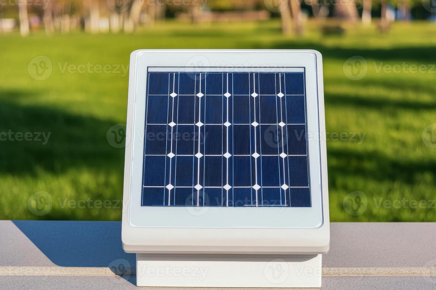 Future lifestyle sustainability connected concept. Solar panel on a stand in a green outdoor setting. photo