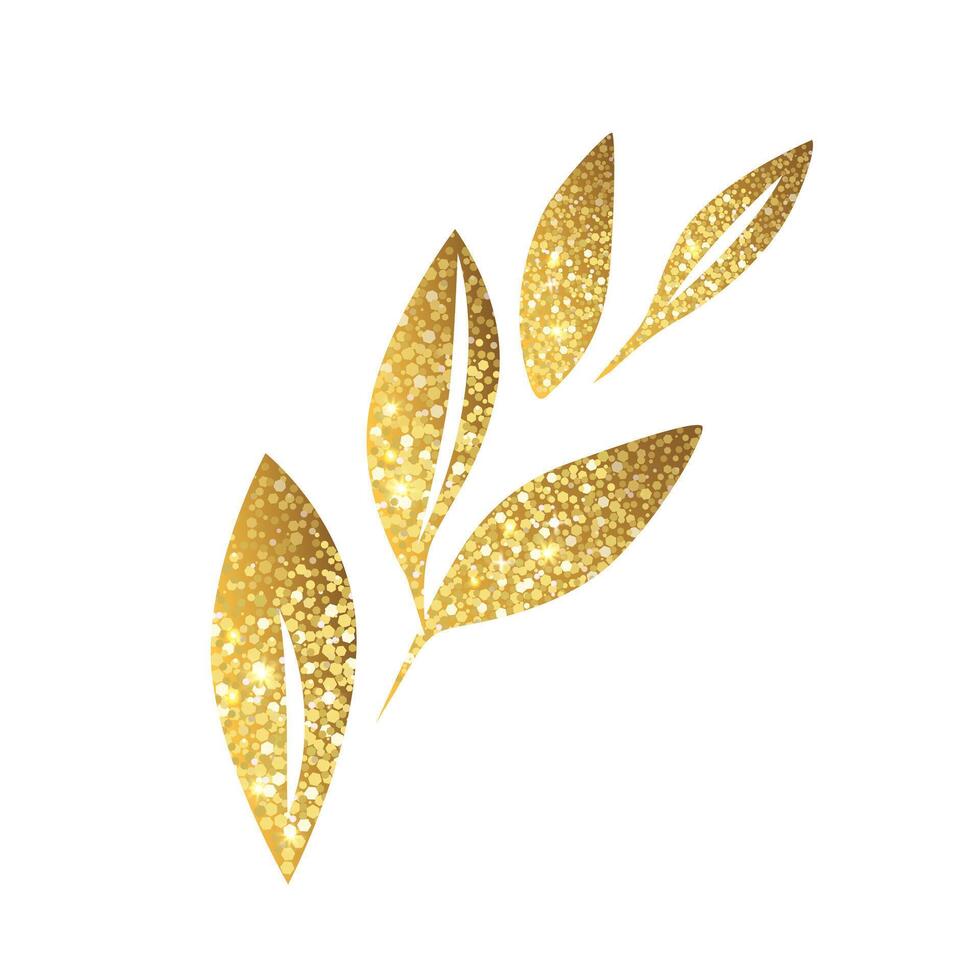 Hand drawn gold colored foliage, branch with glitter. Golden botanical element. vector