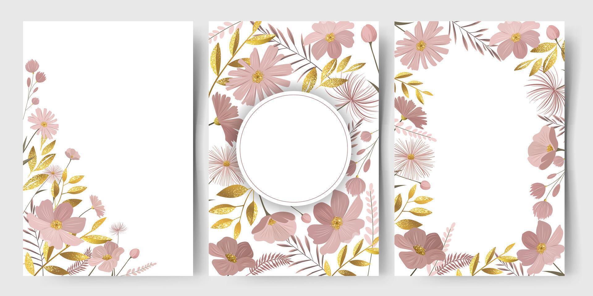 Set of delicate floral frames for greeting card, wedding invitation. Template with golden leaves and pastel flowers. vector