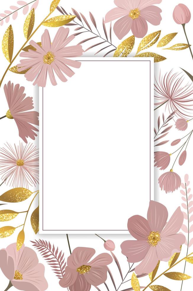 Gentle floral template for greeting card, invitation. Empty botanical frame with golden leaves and pink flowers. vector
