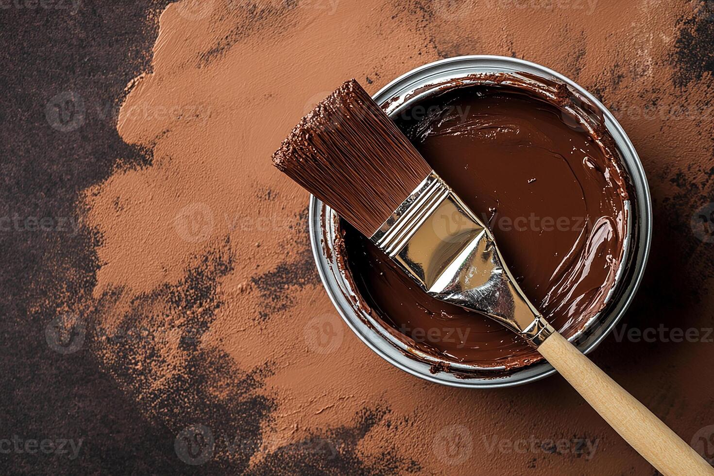 Top view Brush lying on top of a can of paint, Mocha Mousse colored image, minimalism photo