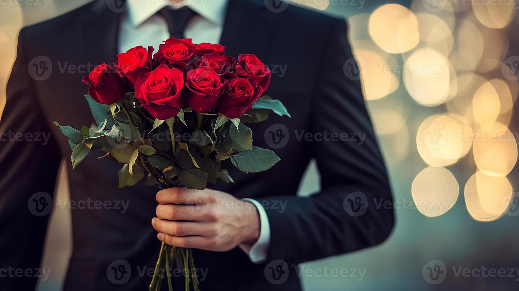 Women's day A man is holding a bouquet of red roses. The man is dressed in a suit and tie. The roses are arranged in a vase and are placed in his hand. Concept of romance and elegance photo
