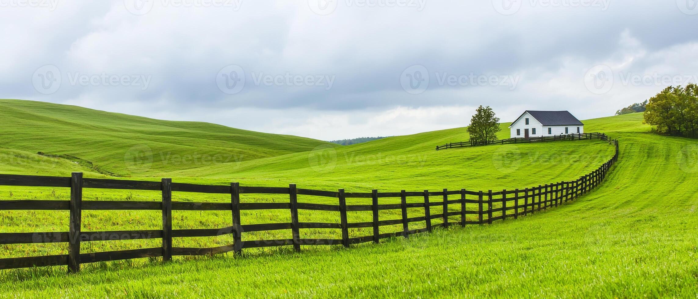 Economy with nature concept. Lush green hills with a white house and wooden fence under cloudy sky. photo