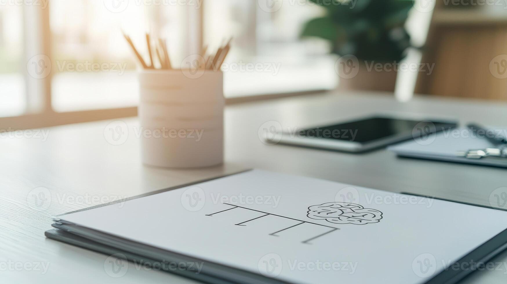 Burnout recovery mental concept. Workspace with sketches, plant, and digital devices in soft lighting. photo