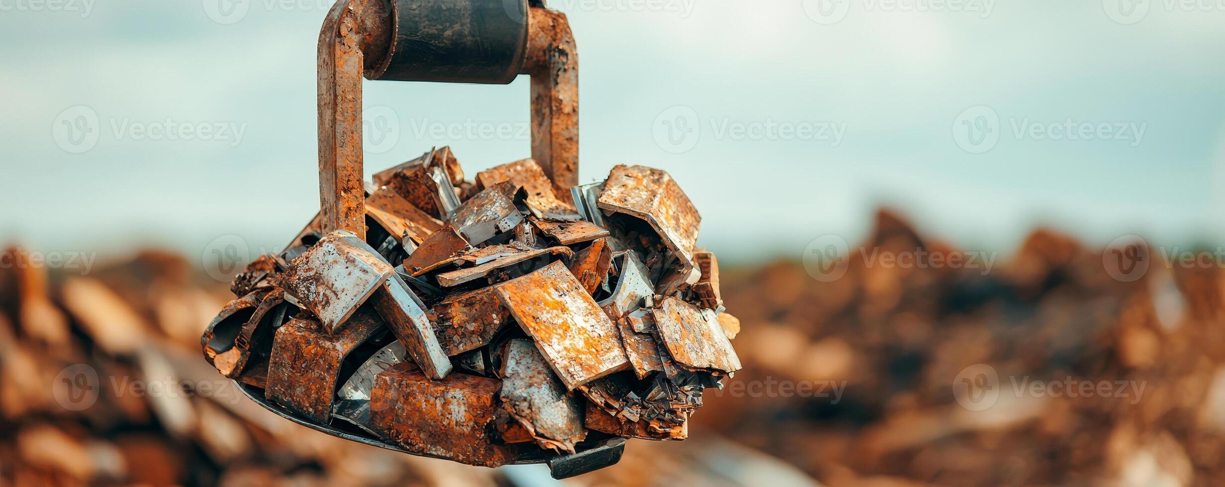 Recycle metal recovery concept. Metal scraps being lifted by machinery in an industrial setting. photo