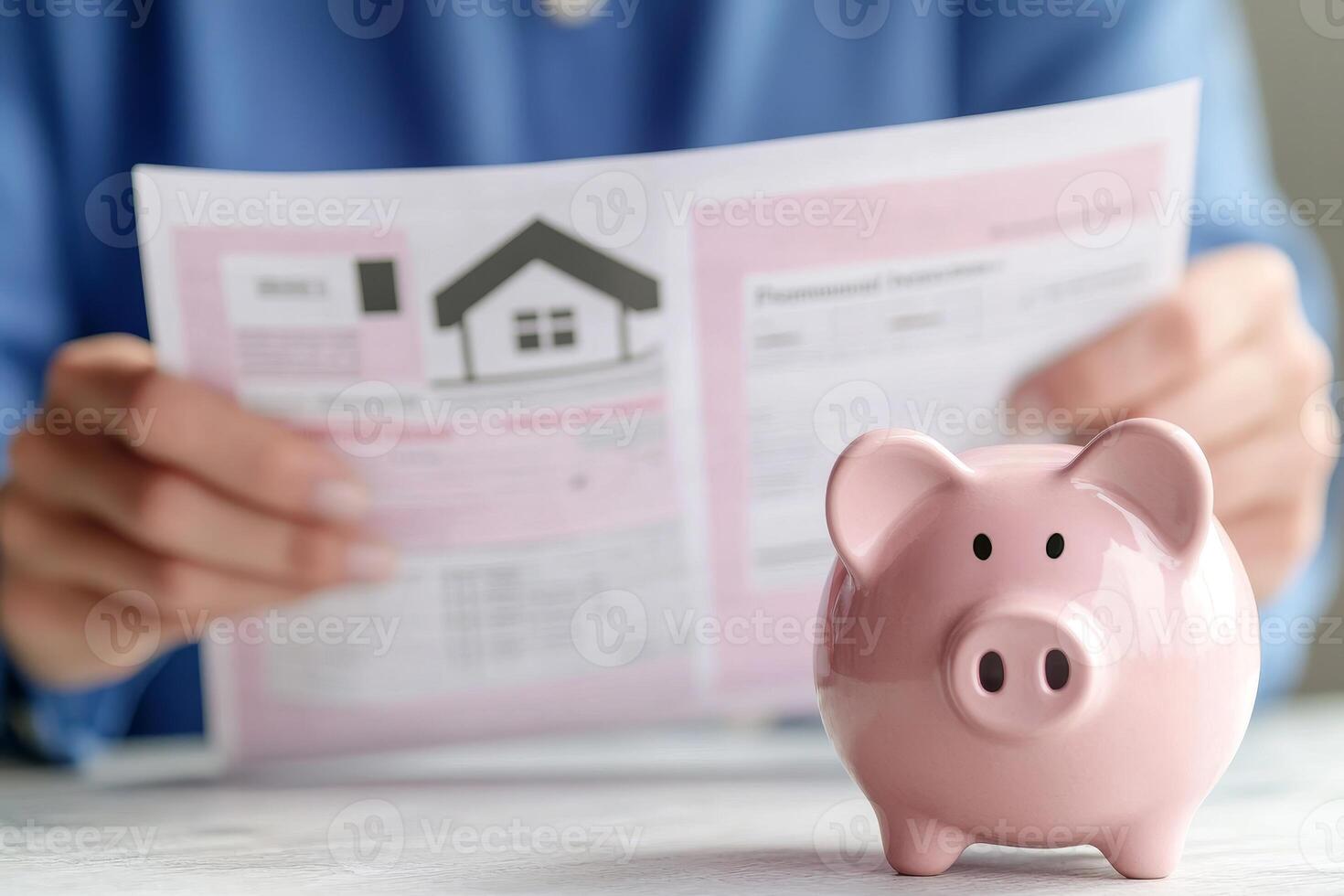 Real estate financial pressure concept. Piggy bank and financial documents in focus, symbolizing saving and budgeting. photo