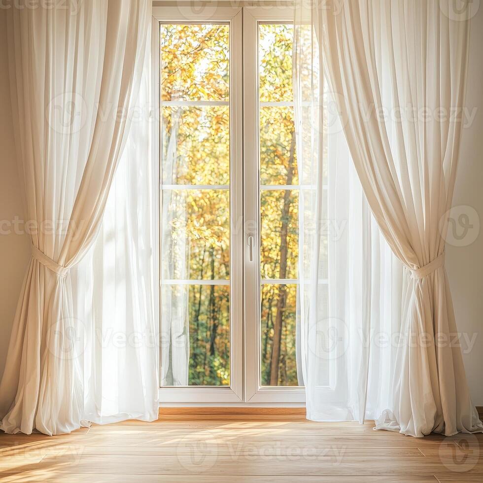 Burnout recovery mental concept. Bright room with sheer curtains and autumn view through large windows. photo