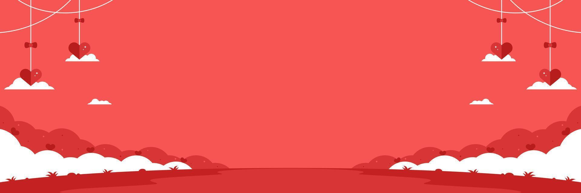 Red Valentine's Day template banner background with copy space for text. Red romantic banner template with cloud and hanging heart vector