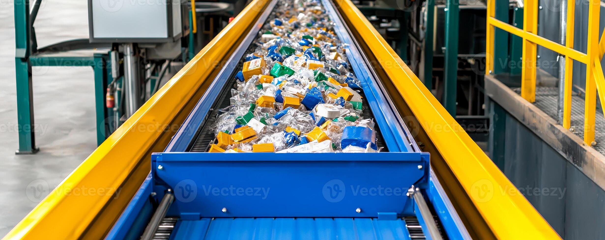 Recycle reduction sorting concept. Conveyor belt with recycling materials in a processing facility. photo