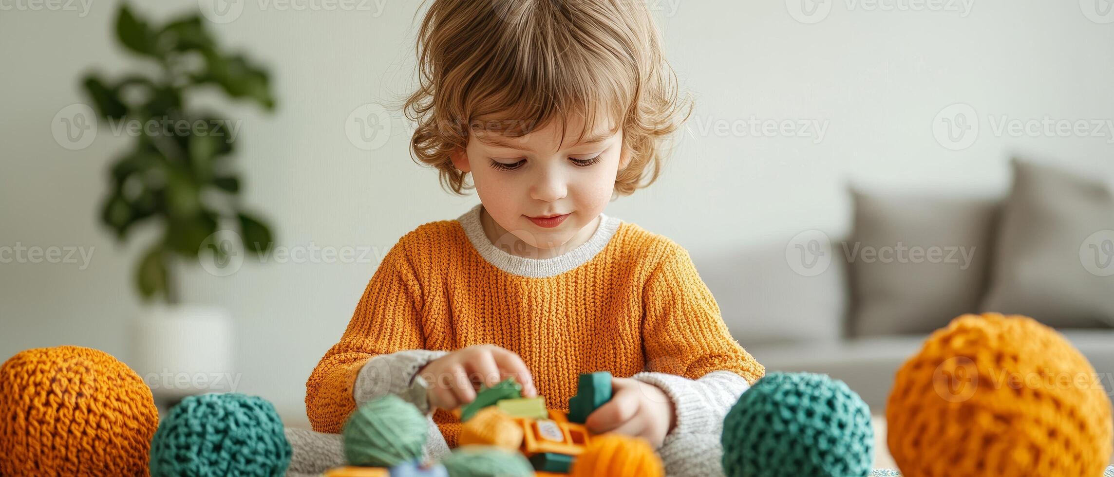 Recycle sustainability recovery concept. Child playing with colorful toys in a cozy indoor setting. photo