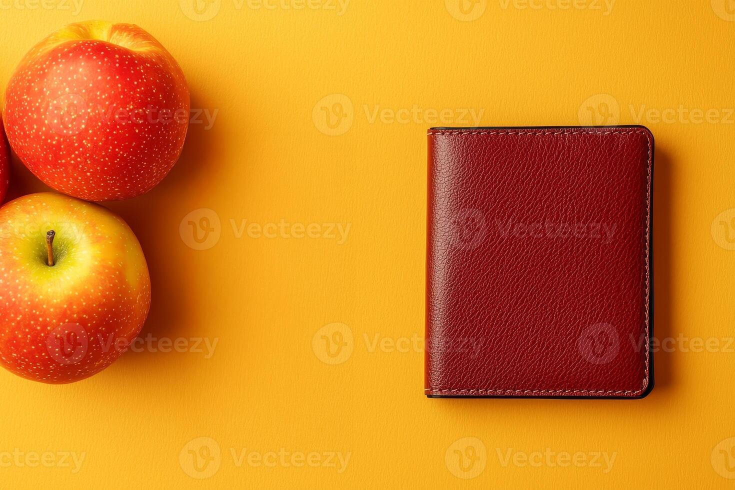 Cost of living and income concept. Red wallet and two apples on a vibrant yellow background. photo