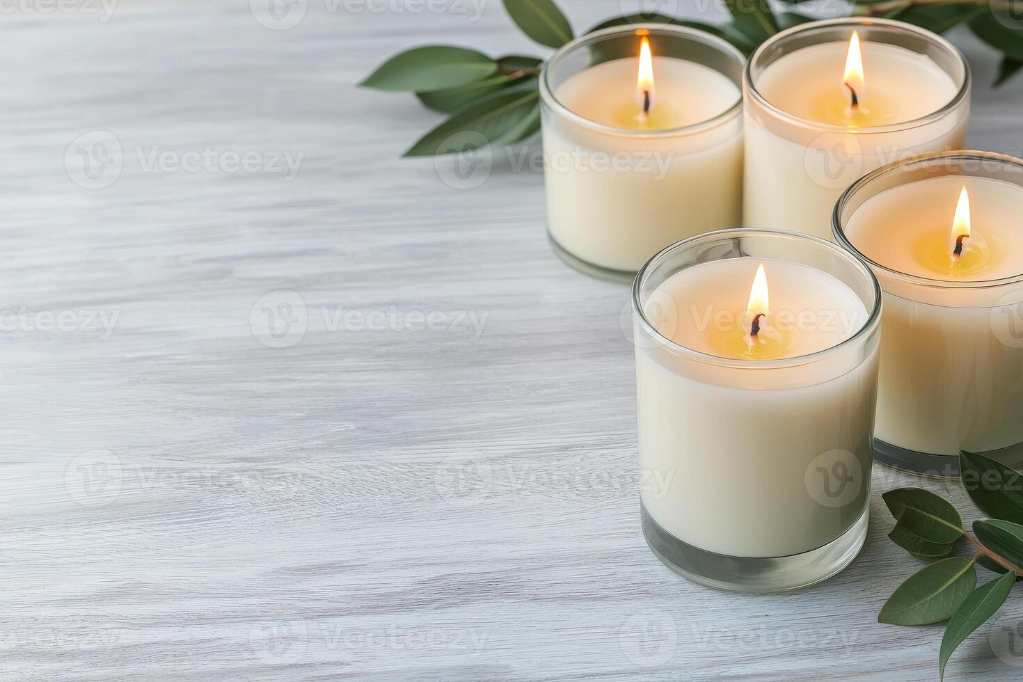 Burnout recovery stress concept. Candles with leaves on a wooden surface create a calming atmosphere. photo