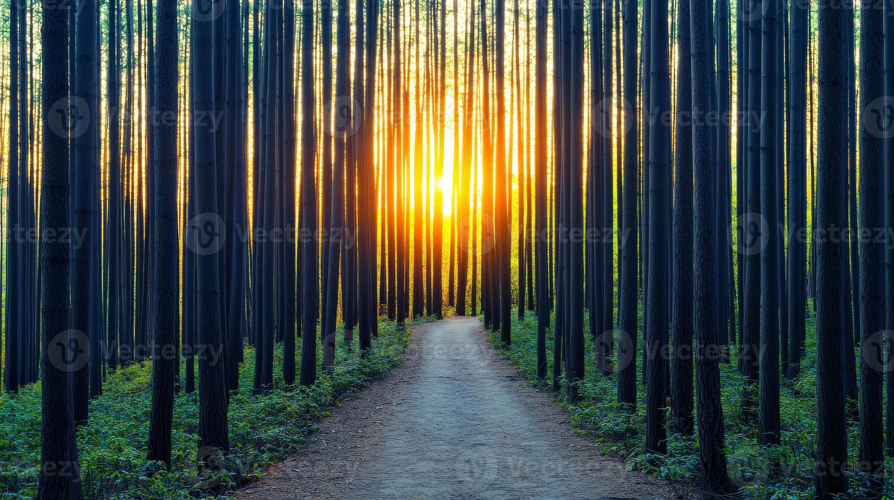 Burnout recovery mental concept. Serene forest path with sunlight filtering through tall trees. photo