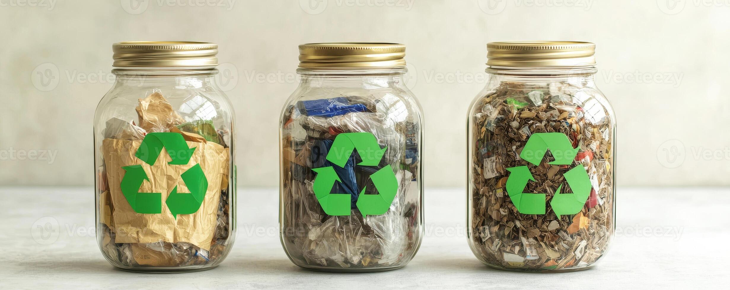 Recycle reduction sorting concept. Recycling jars with green symbols for waste management and sustainability. photo