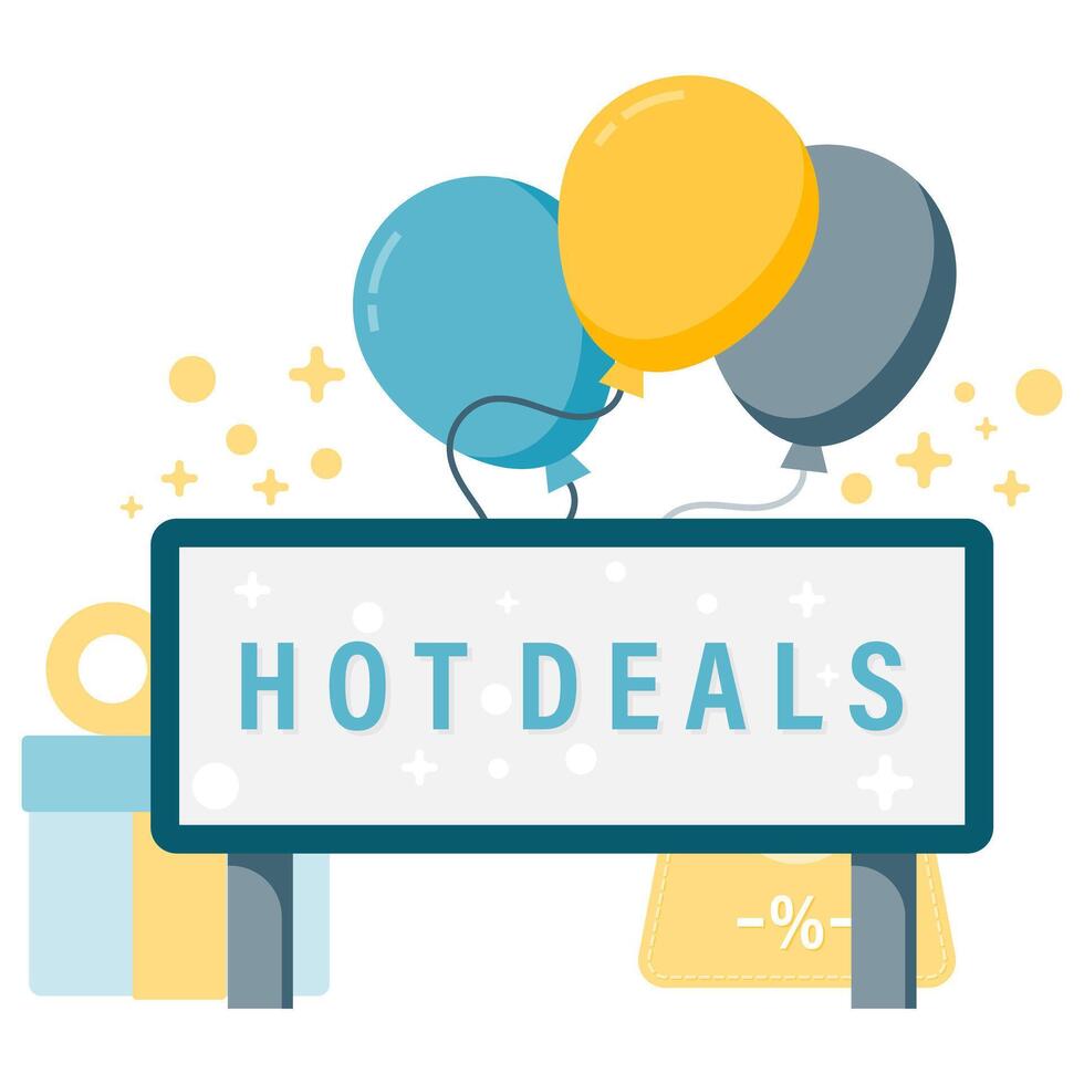 discount board with balloon decorations, discounts and online stores vector